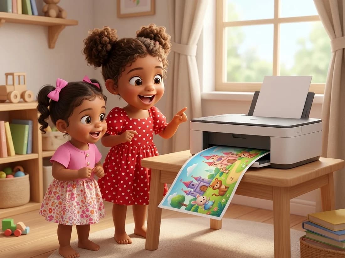 Alessya et Aëlyah regardent l'imprimante sortir une page du livre